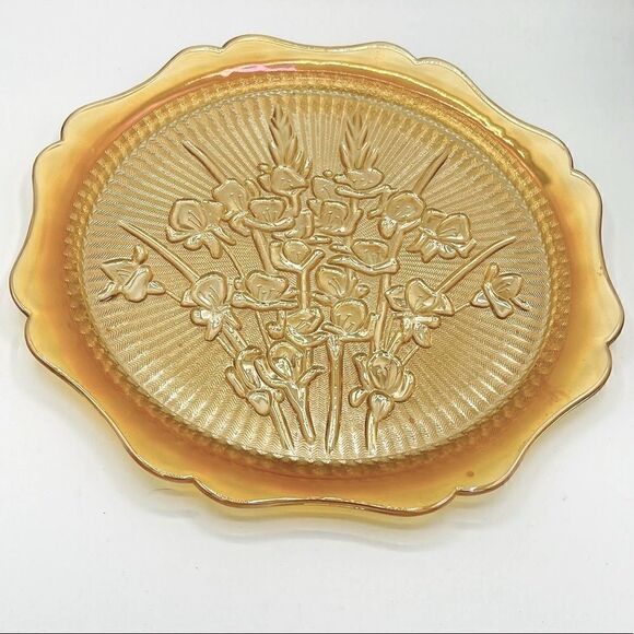 Vintage Jeanette Iris Iridescent Carnival Glass Serving Sandwich Round Plate - Picture 3 of 11